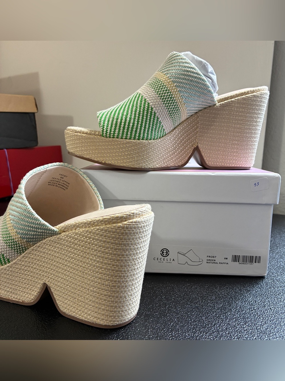 CECELIA NEW YORK Green & Cream Striped Raffia Platform Mules